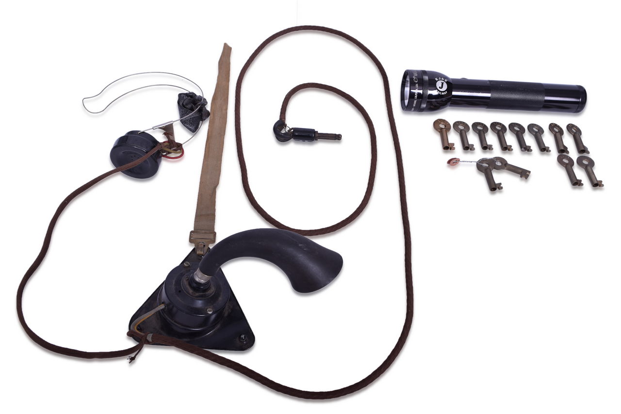 5636 - Group of Elgin, Joliet & Eastern, Illinois Central Railroad & Western Electric Items- Keys, Flashlight, Head Set thumbnail