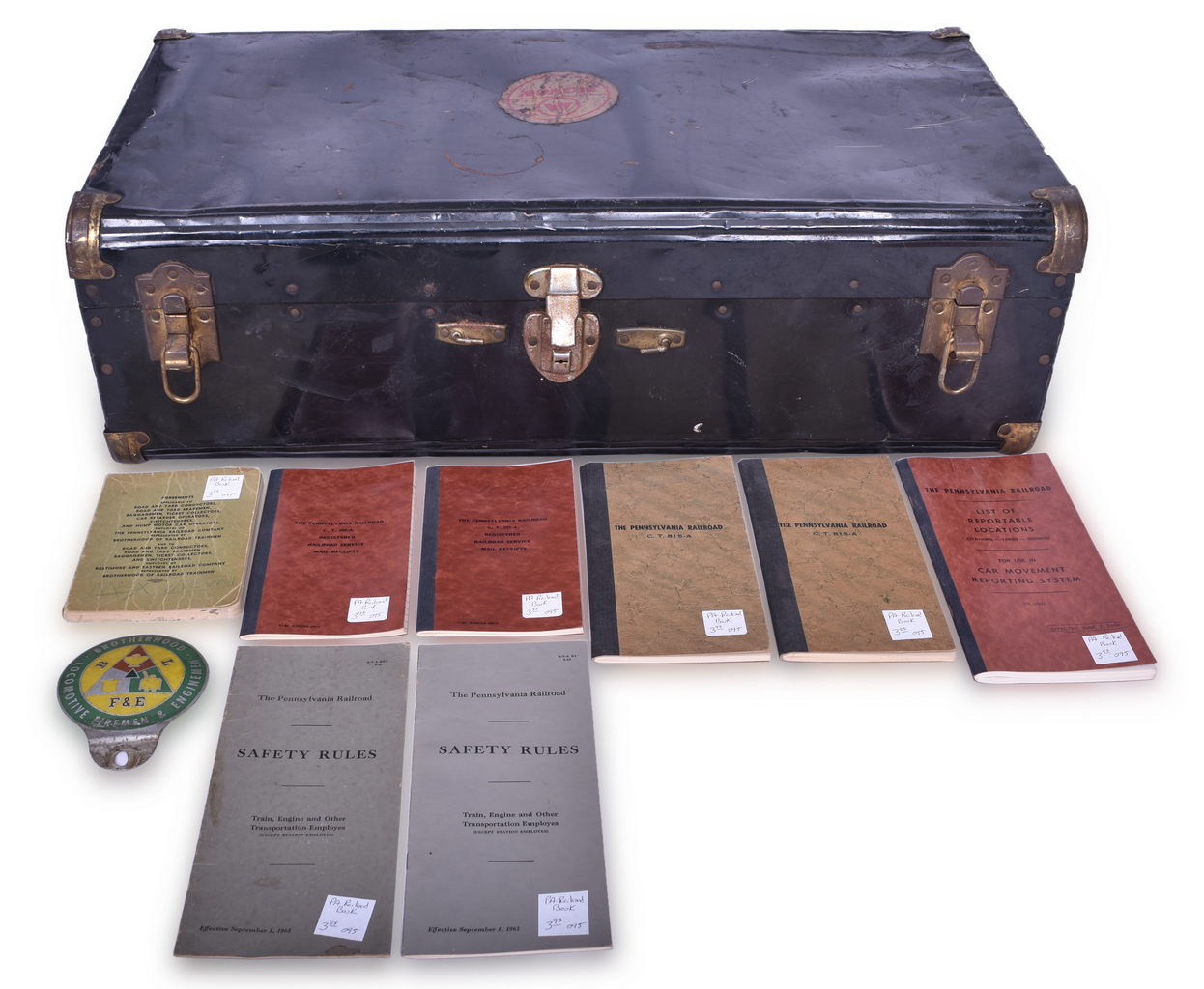 5639 - Group of Ten Railroad Items - Pennsylvania Railroad Books, Monon Travel Case, Brotherhood Locomotive Firemen & Enginemen License Plate Tag thumbnail