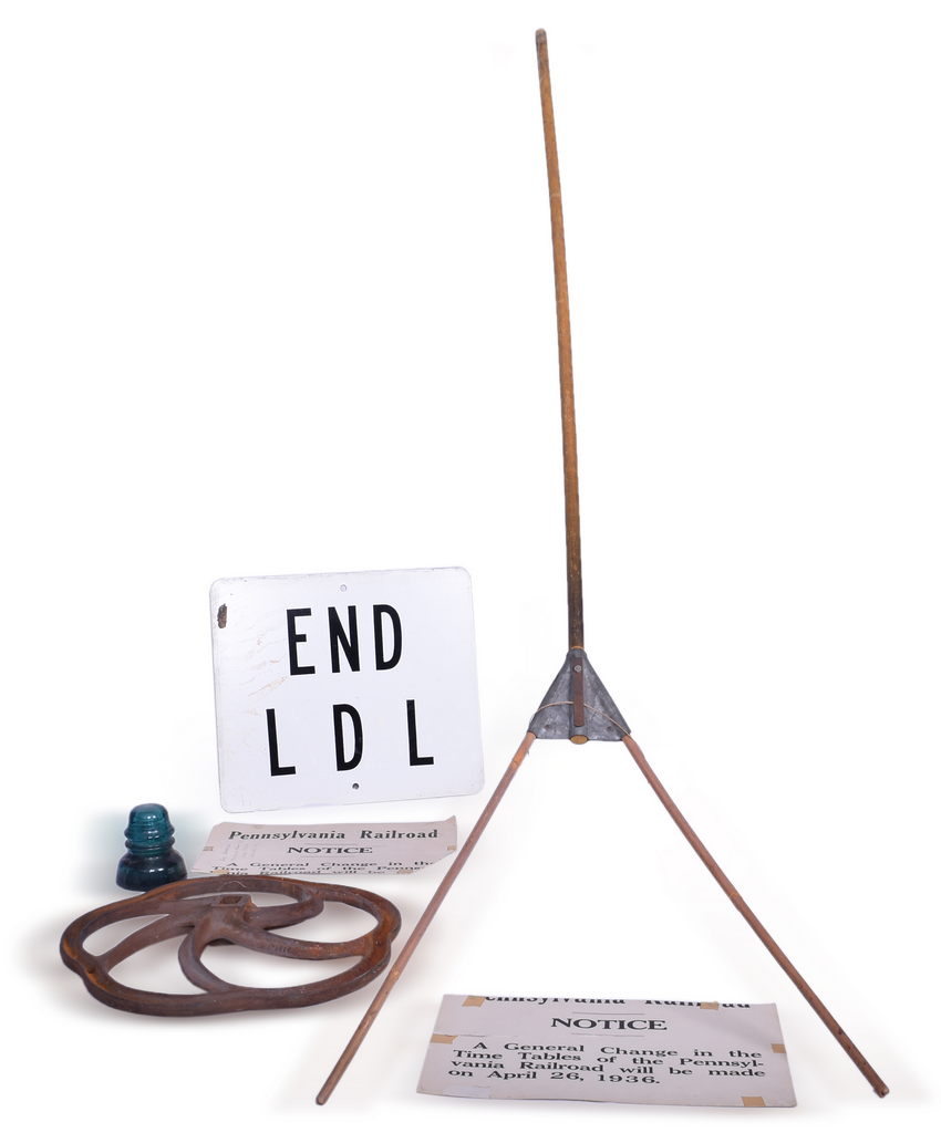 5642 - Group of Six Pennsylvania Railroad Items - Brake Wheel, Signs, Glass Insulator, and Train Order Hoop thumbnail