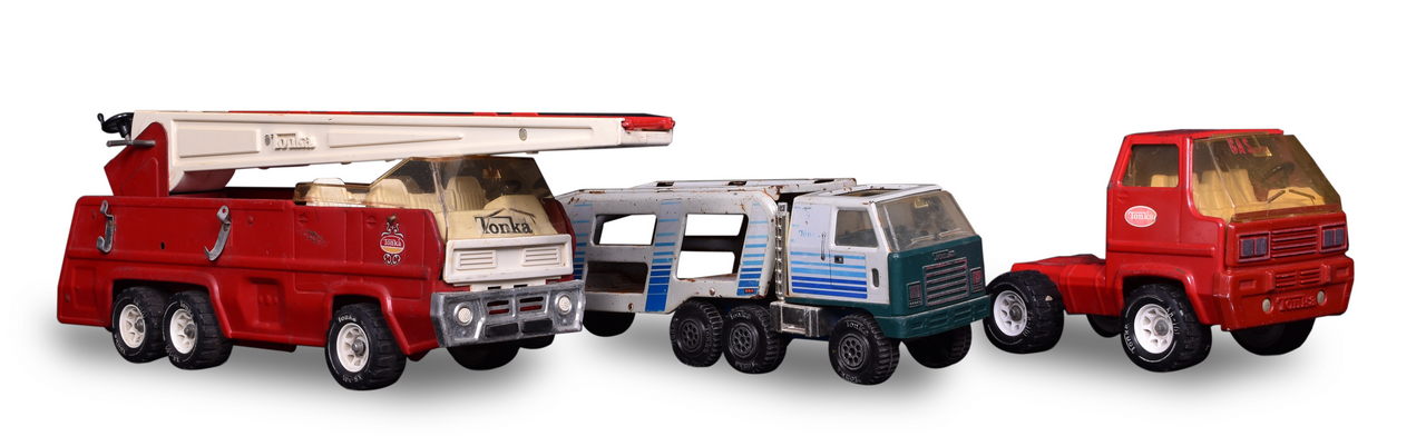 7003 - Three Pressed Steel Tonka Trucks - Fire Truck, Turbine Semi Cab, and Auto Carrier thumbnail