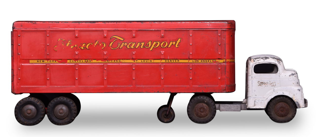 7006 - Structo Toys Transport Pressed Steel White Truck and Red Trailer thumbnail