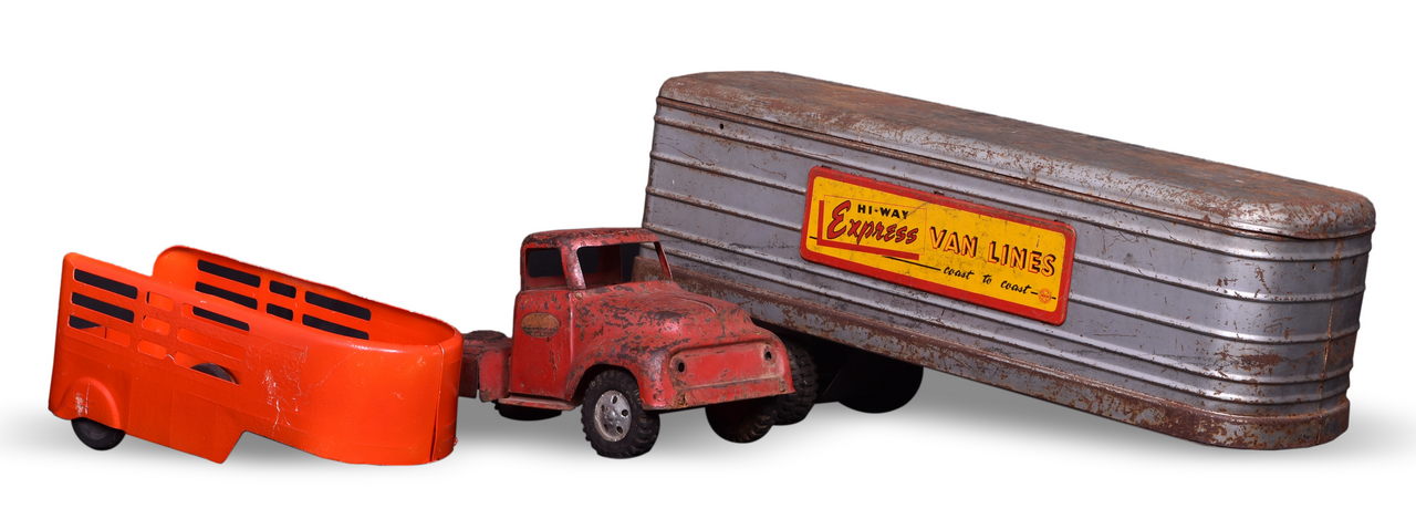 7009 - Three Pressed Steel Toys - Early Tonka Truck, Marx Mound Metalcraft Trailer, and Wyandott Cattle Trailer thumbnail