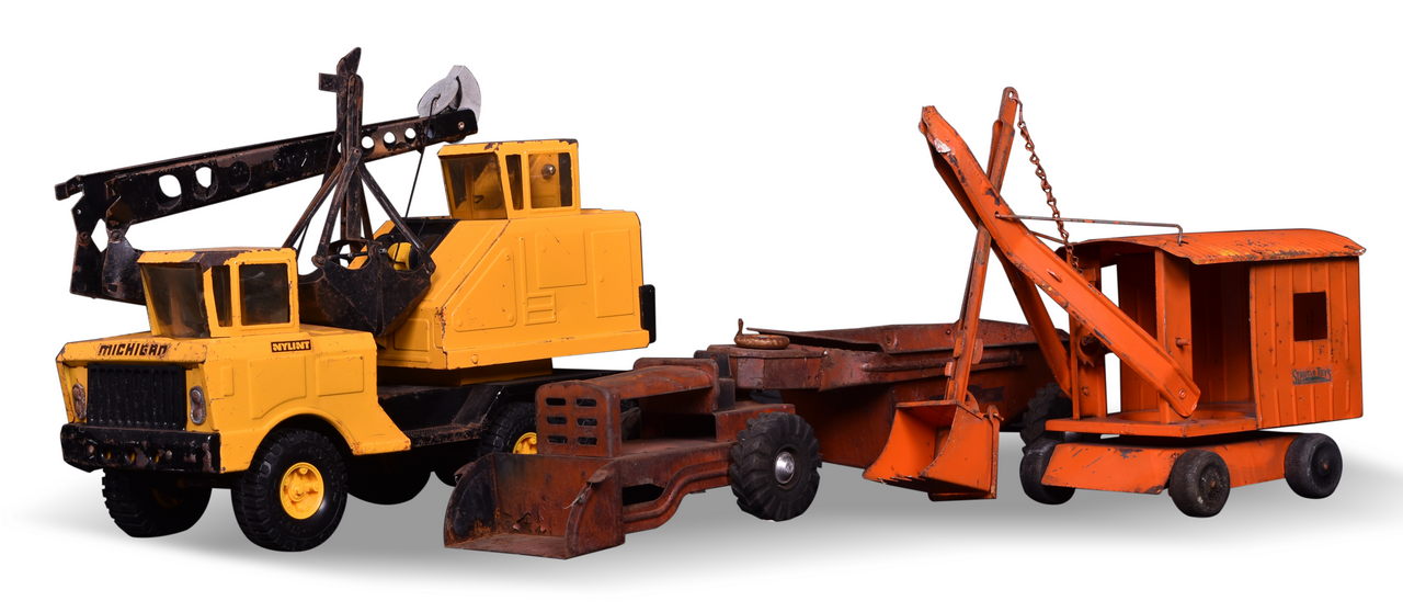7012 - Three Pressed Steel Toys - Nylint Shovel Crane Truck, Structo Crane Steam Shovel, and Wyandott thumbnail