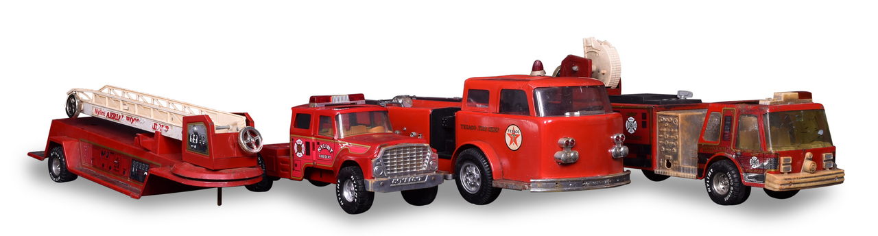 7018 - Three Pressed Steel Fire Trucks - Texaco Fire Chief, Nylint Aerial Hook-N-Ladder, and Nylint Water Cannon Sound Machine thumbnail