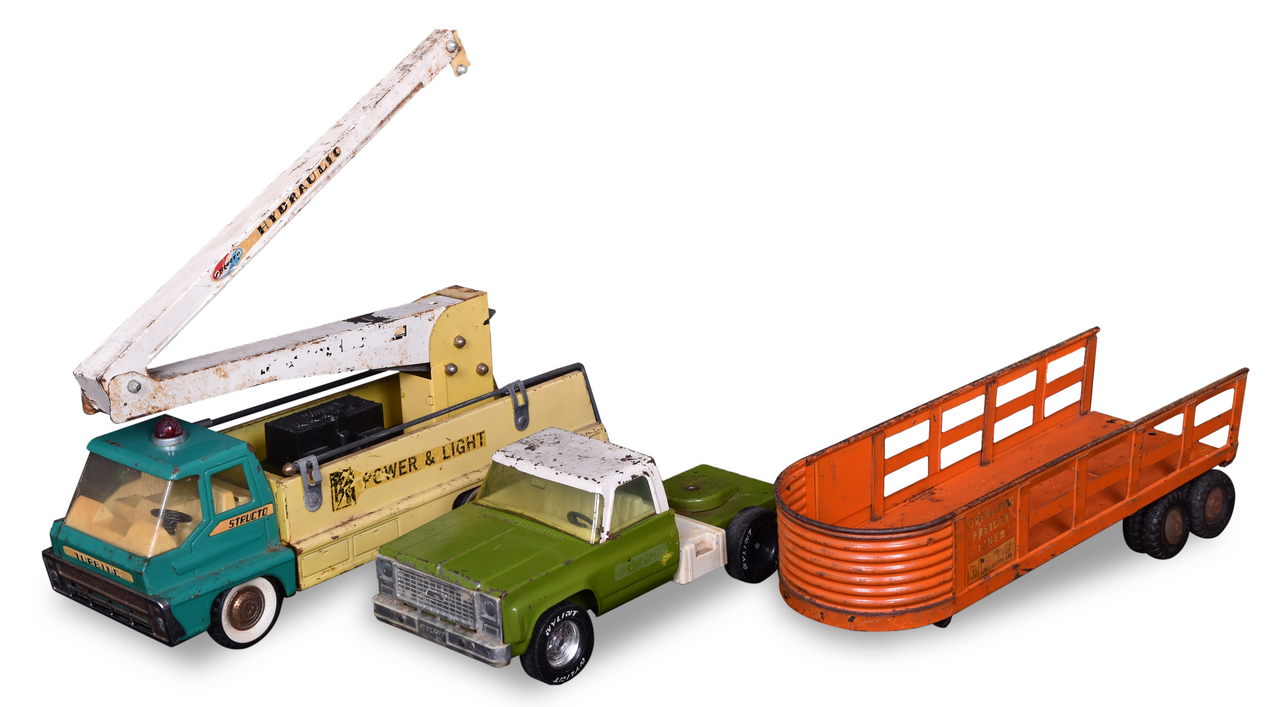 7021 - Three Pressed Steel Toys - Structo Power & Light Truck, Structo Overland Freight Lines Trailer, and Nylint Truck thumbnail