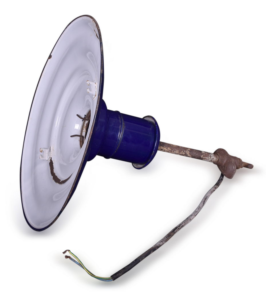 7037 - Cobalt Blue Industrial / Gas Station Hanging Lamp w/ Porcelain Shade thumbnail