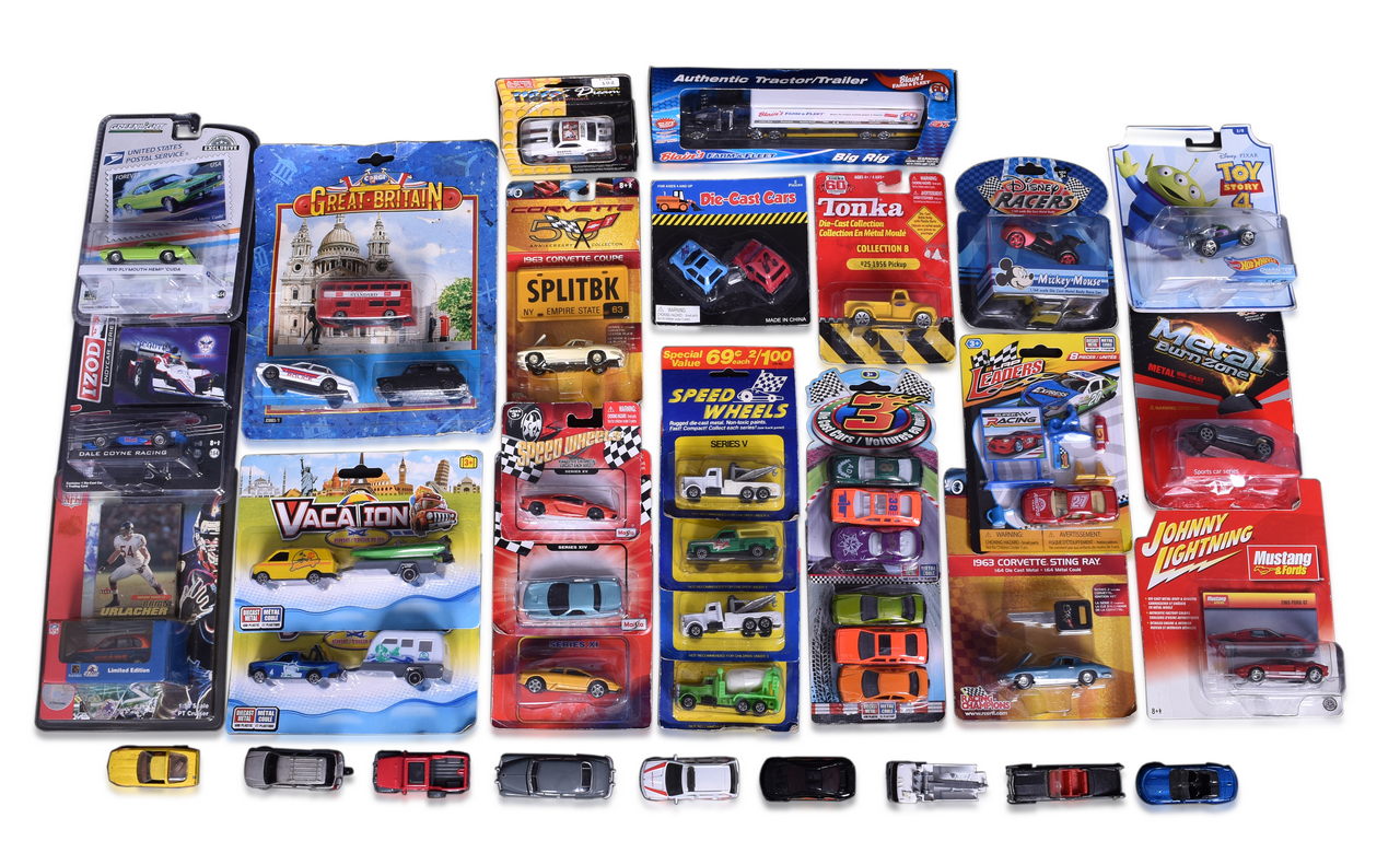 7054 - Group of Thirty-Five Die Cast Toy Cars - Speed Wheels, Corvette, IZOD, NFL, Disney Racers, USPS, Tonka, Toy Story 4, and More thumbnail