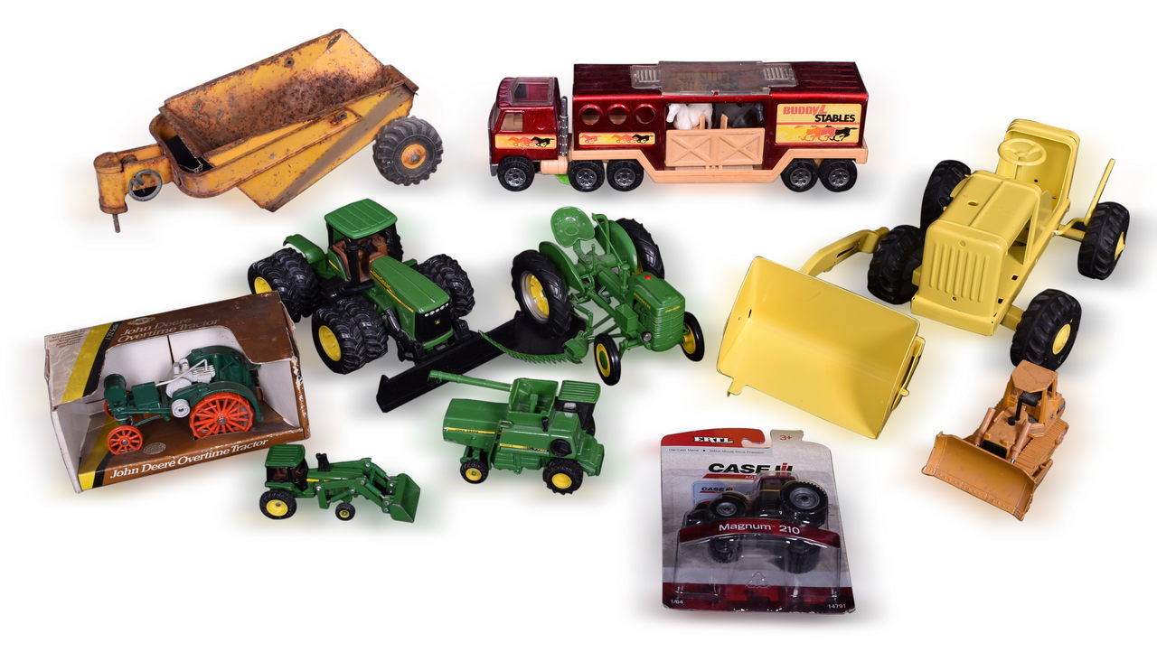 7063 - Ten ERTL Die Cast John Deere, Lumar Pressed Steel Farming Equipment Toys, and 1980 Buddy L Stables Trailer thumbnail