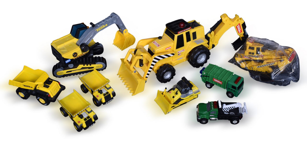 7084 - Group of Nine Tonka Toy Construction Vehicles - Dump Trucks, Remote Control Bulldozer, Mighty Motorized Front End Loader, and More thumbnail