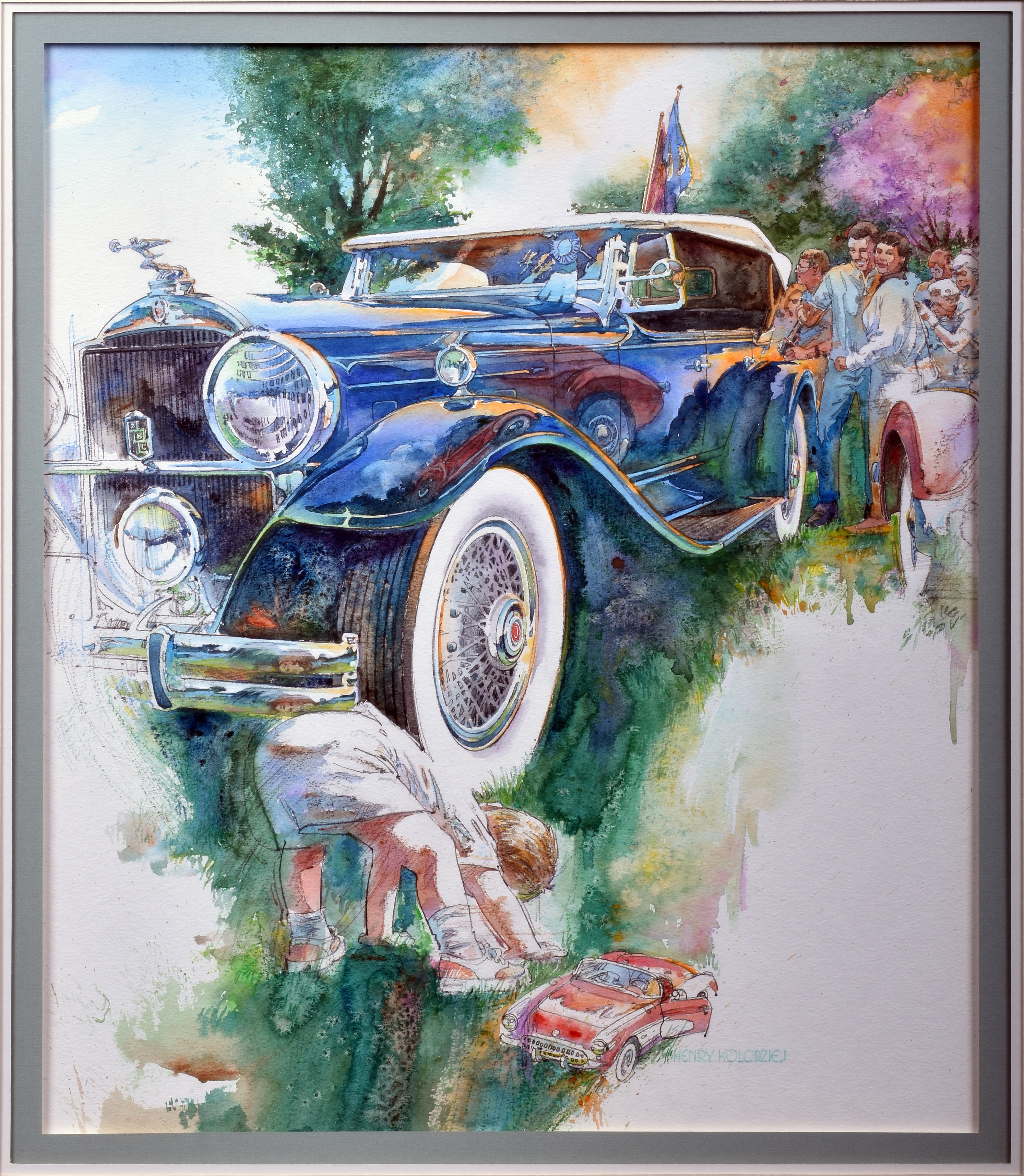 7085 - Packard and Chevrolet Corvette Original Watercolor Painting - Car Show thumbnail