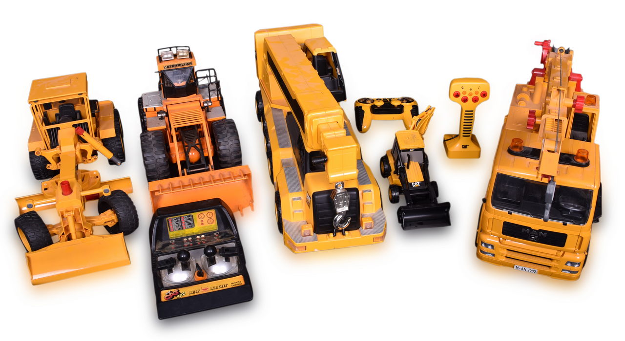 7090 - Group of Five Plastic Caterpillar Construction Toys - New Bright, Bruder, and Toy State - Remote Control Front Power Load, Backhoe Loader, and Crane Truck, Motor Grader and Tele-Crane thumbnail