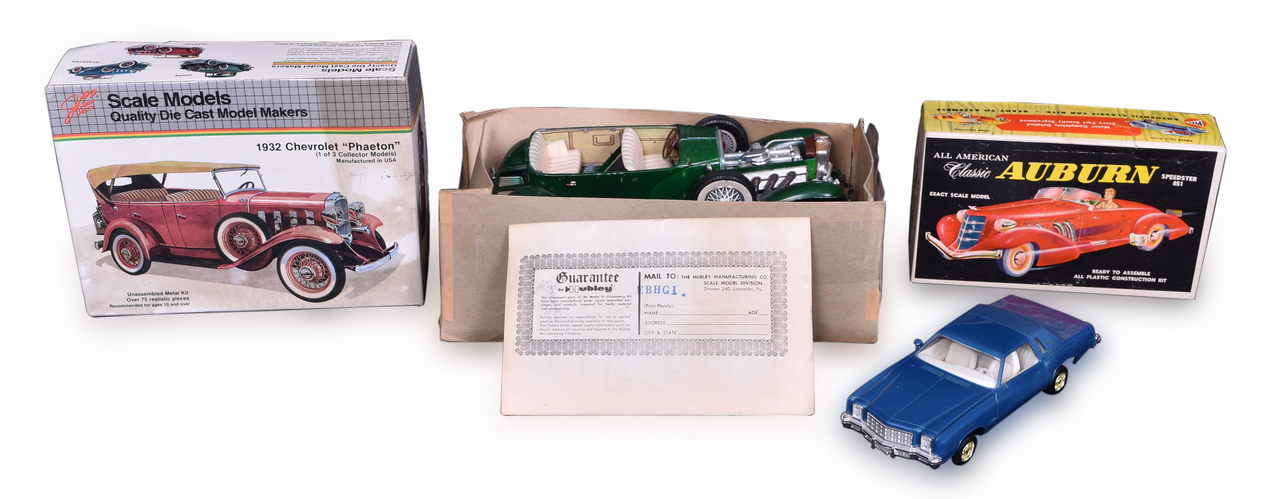 7093 - Four Scale Model Kit Cars Die Cast and Plastic - Scale Models 1932 Chevy Phaeton, Hubley Duesenberg, Pyro Auburn Speedster, and Monte Carlo thumbnail