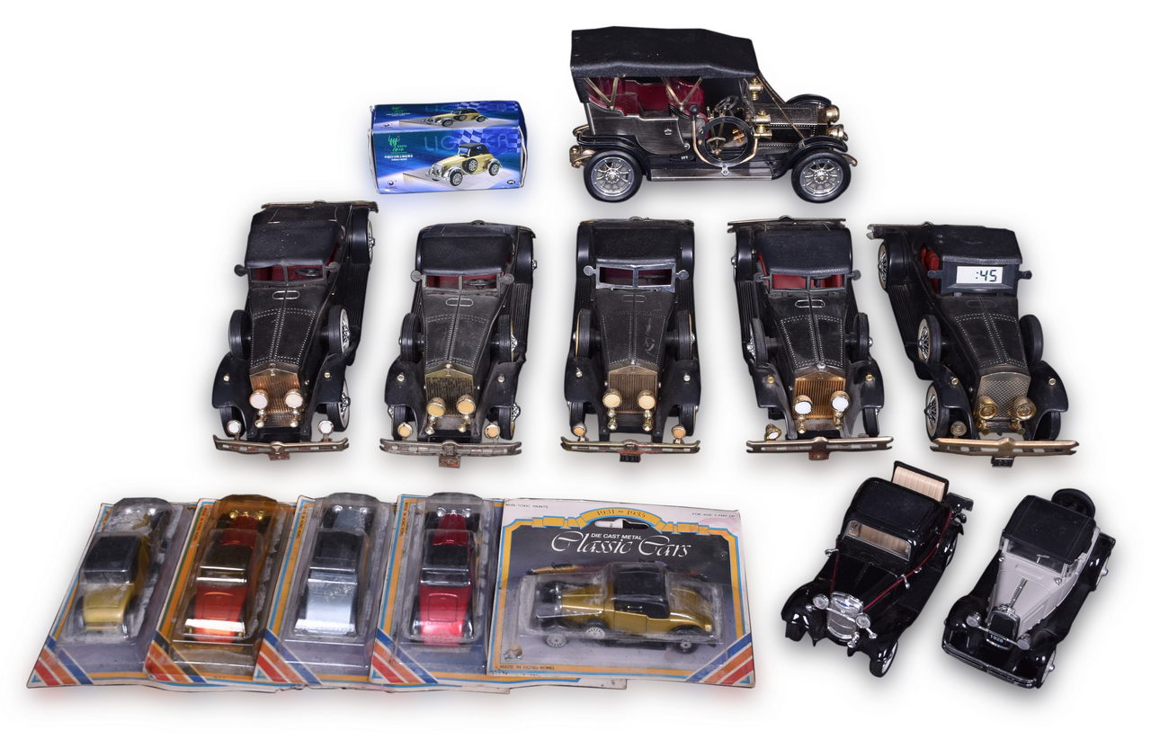 7096 - Fourteen Classic Car Model Items - Die Cast and Steel Transistor Radios, Rolls Royce Clock, 1:58 Scale Toys, 1:30 Scale Toys, and Butane Lighter thumbnail