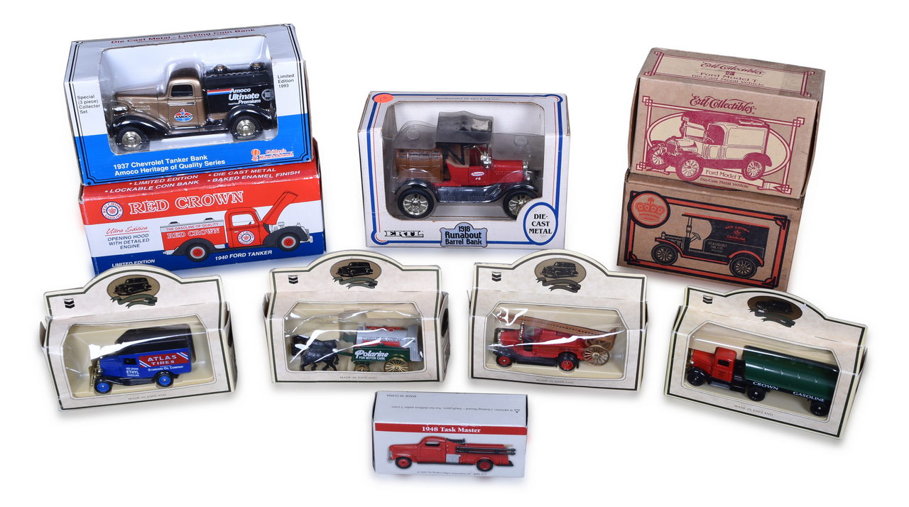 7099 - Ten Die Cast Classic Car Advertising Items - ERTL Banks, Red Crown Banks, Amoco Bank, and Chevron Commemorative Model Toy Cars thumbnail
