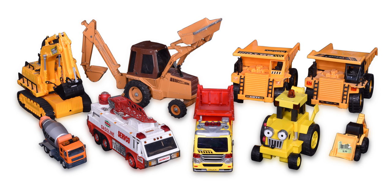 7102 - Group of Nine Construction Toys Die Cast and Plastic - ERTL CASE Construction King Front End Loader, Servco Gasoline Fire Truck, Top Race Dump Truck, and More thumbnail