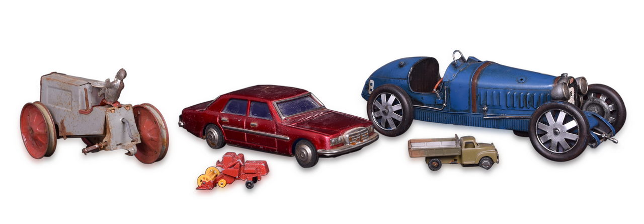 7105 - Five Pressed Steel and Die Cast Vehicle Toys - Boyle Bugatti Tin Toy, Woodhaven Tractor, Mercedes Friction Toy, Matchbox Lesney Combine Harvester, and Truck thumbnail