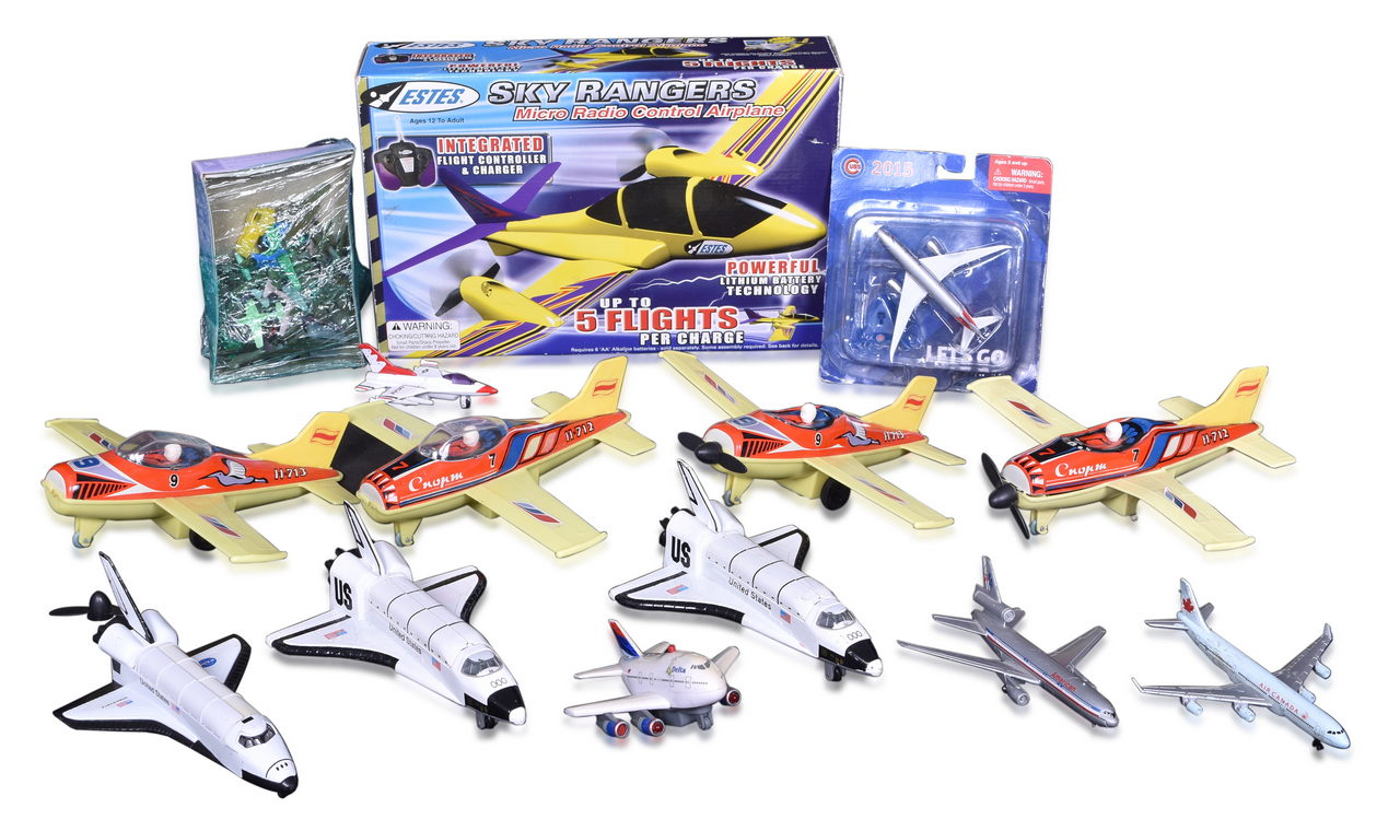 7111 - Fourteen Tin Toy, Die Cast, and Plastic Air Planes and Space Shuttles - Estes Radio Controlled Airplane, NASA, Maisto American Airlines, USAF, and More thumbnail