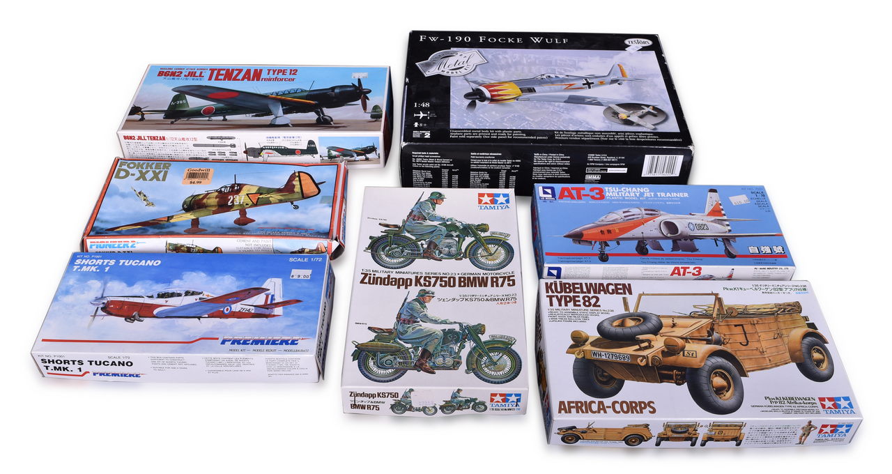 7114 - Group of Seven Foreign Military Model Kits - Unbuilt New In Box - Testors, Tamiya, Premiere, Pioneer 2 , Fujimi Mokei, and Lo Model thumbnail