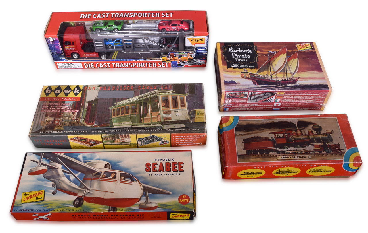 7120 - Four Assorted Plastic Model Kits - Northwestern Cabbage Stack Locomotive, Hawk Cable Car, Lindberg Seabee, and Lindberg Barbary Pirate thumbnail