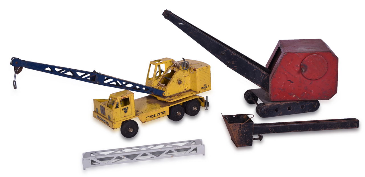 7161 - Four Pressed Steel Toys and Parts - Nylint Michigan Shovel Crane, Steam Shovel, Firestone Earth Mover Tire, and Crane Piece thumbnail