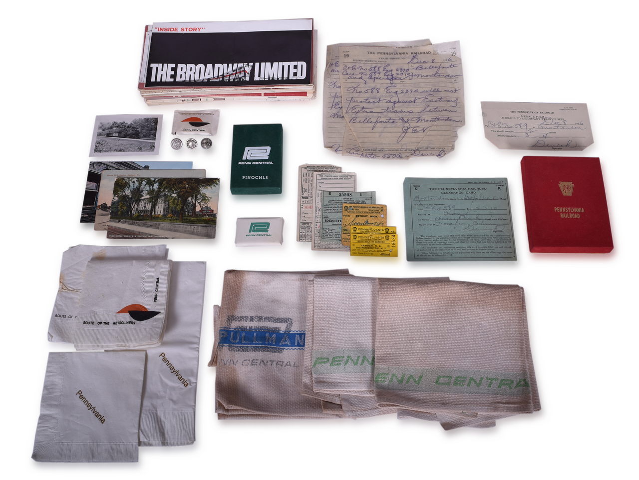 8002 - Large Group of Seventy-Six Pennsylvania Railroad and Penn Central Items - Playing Cards, Buttons, Timetables, and More thumbnail