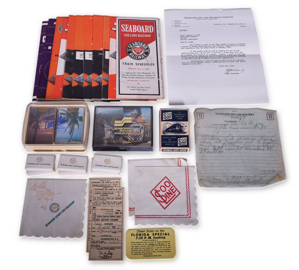 8003 - Mixed Group of Twenty-Seven Seaboard, Atlantic Coast Line, and Soo Line Railroad Items - Playing Cards, Public Timetables, Napkins, Soap, and More thumbnail