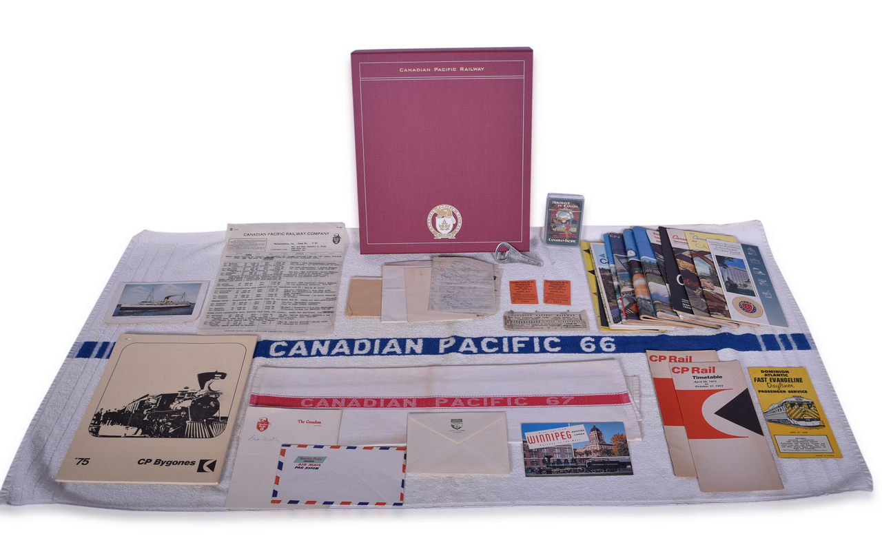 8007 - Large Group of Canadian Pacific and Canadian National Railway Ephemera - CPR China Plate, Playing Cards, Towels, Public Timetables, Bygones, and More thumbnail