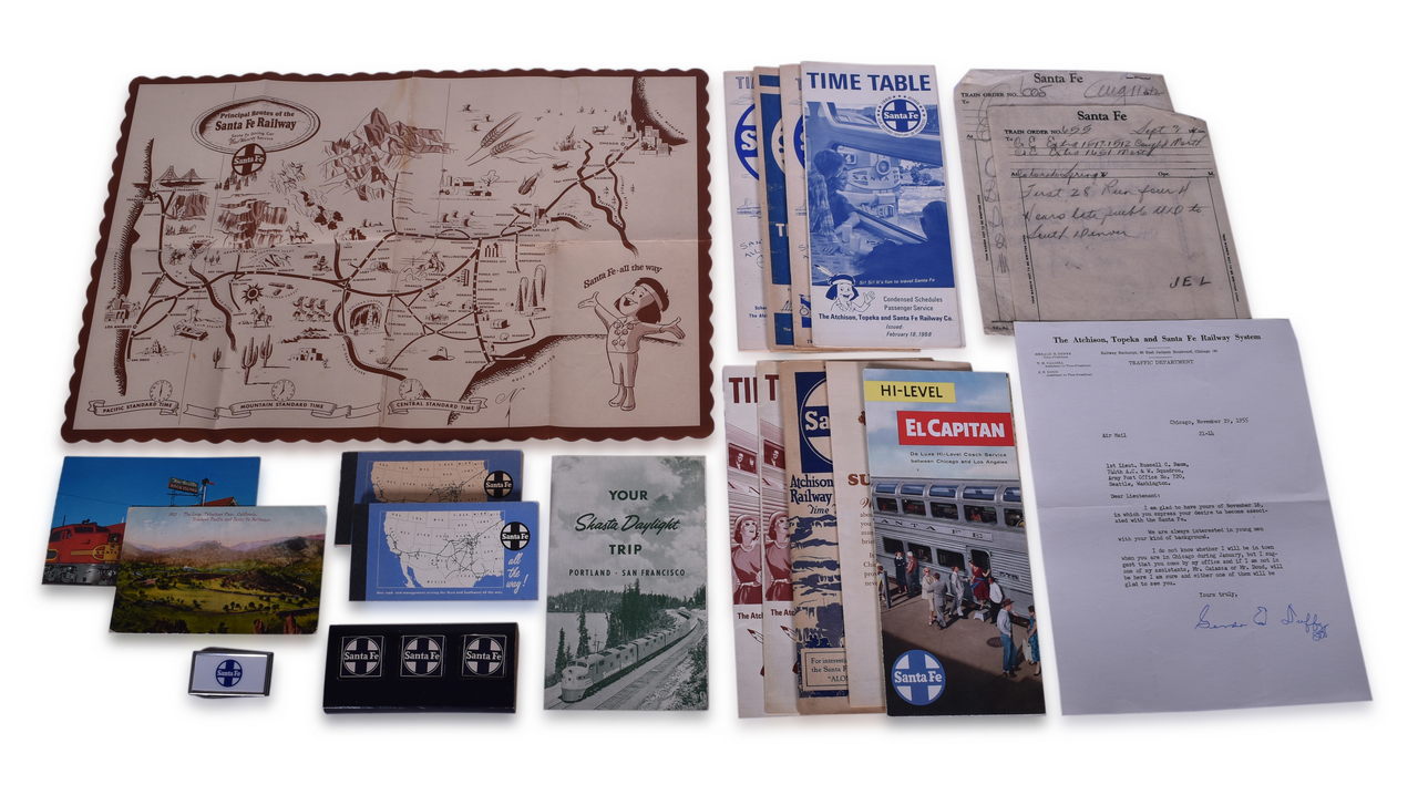8008 - Twenty Pieces of Santa Fe Railroad Ephemera - Money Clip, Match Books, Advertising Brochures, Train Orders, Timetables, Notepads, Map, and More thumbnail
