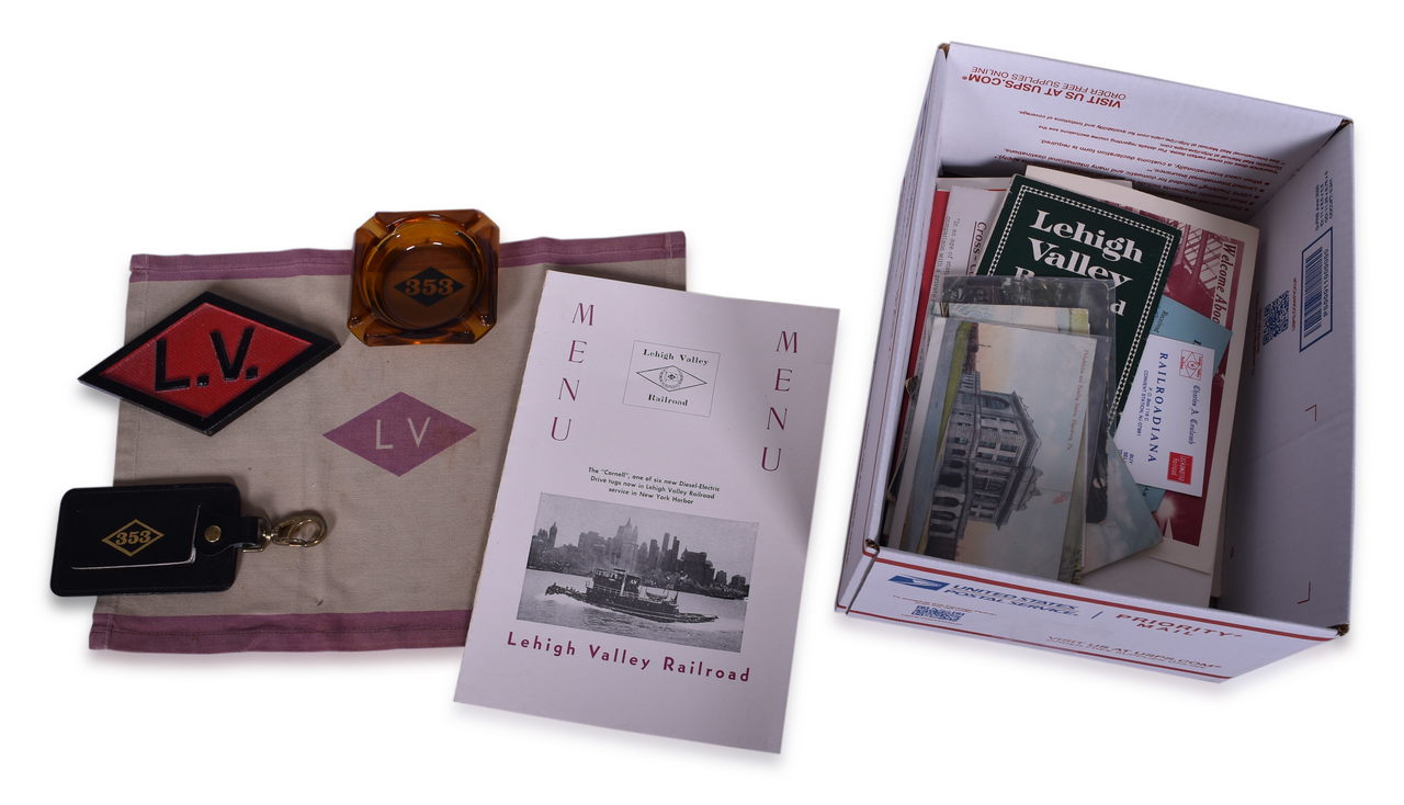 8009 - Seventy-One Pieces of Eastern Railroad Paper and Ephemera - Lehigh Valley, Reading, New York Central, and Delaware & Hudson - Glass Ash Tray, Paperweight, Napkins, Timetables, and More thumbnail