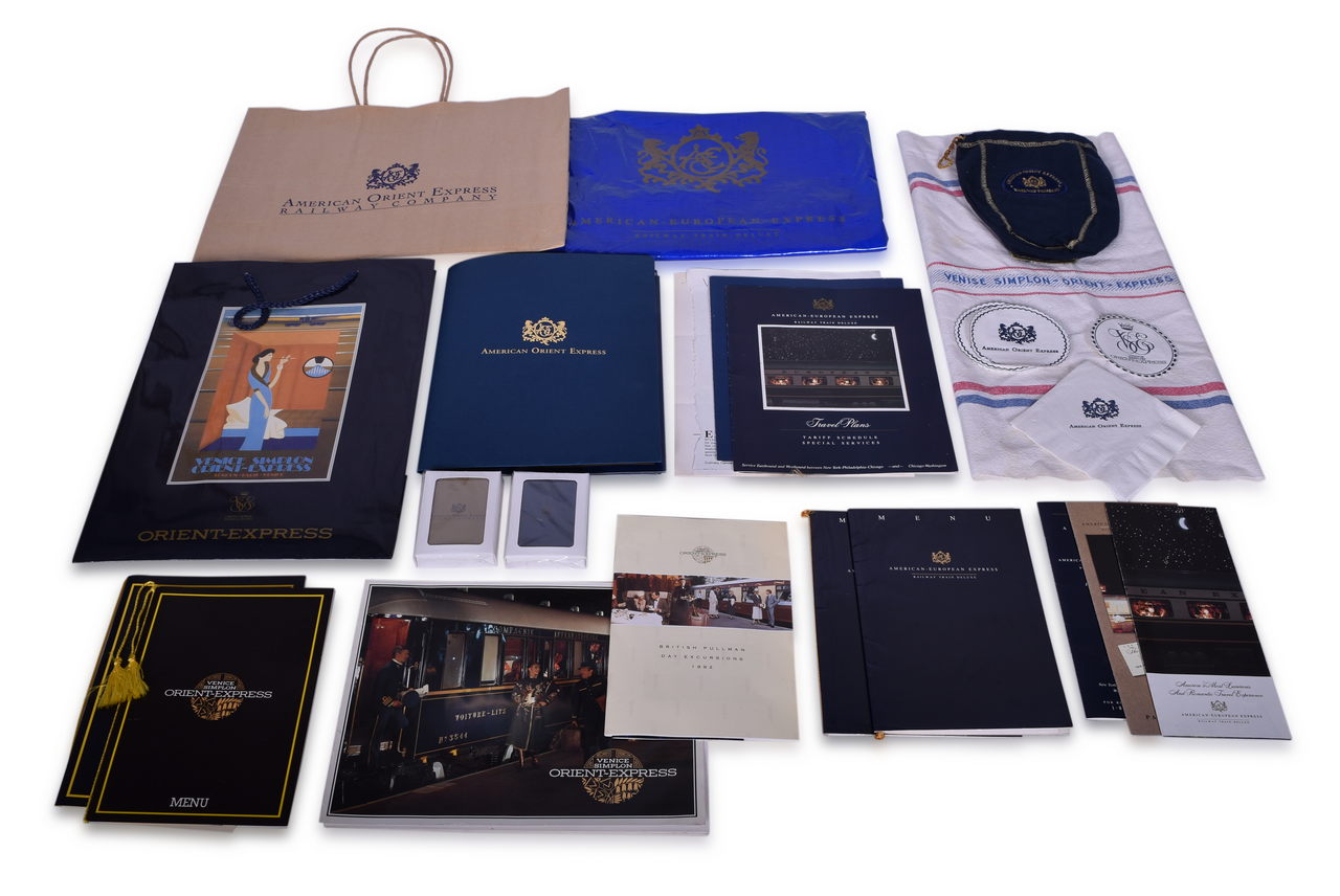 8010 - Mixed Group of American Orient, American European, and Venice Simplon Orient Express Railway Ephemera - Playing Cards, Menus, Itinerary Packet, Cloth Bag, and More thumbnail