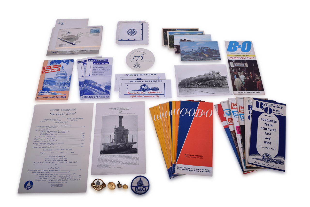 8013 - Forty-Six Baltimore & Ohio Railroad Ephemera and Paper Items - Pins, Buttons, Timetables, Postcards, Menu, Stationery, and More thumbnail
