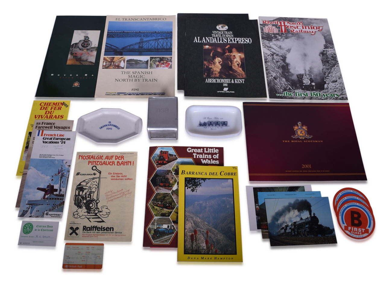 8014 - Mixed Group of Twenty-Eight International Railroad Papers and Ephemera - Ash Tray, China Tray, Postcards, Travel Guides, Brochures, and More thumbnail