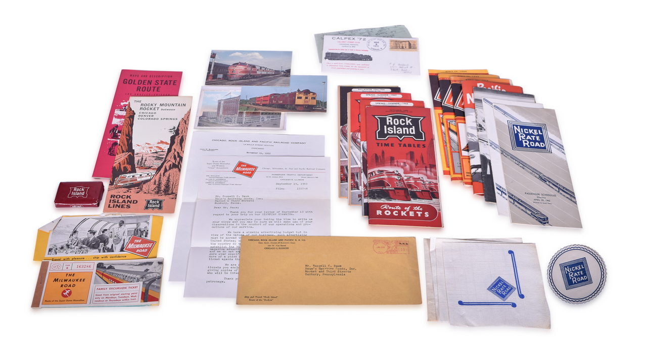8016 - Thirty Railroad Ephemera and Paper Items - Rock Island, Nickel Plate Road, and Milwaukee Road - Timetables, Postcards, Travel Brochures, Napkins, Stationery, and More thumbnail