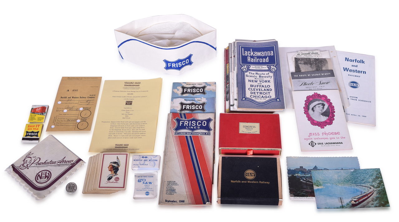 8018 - Assortment of Railroad Ephemera and Paper - Norfolk & Western, Frisco, Lackawanna, and Erie - Pocahontas Playing Cards, Timetables, Button, Travel Brochures, and More thumbnail