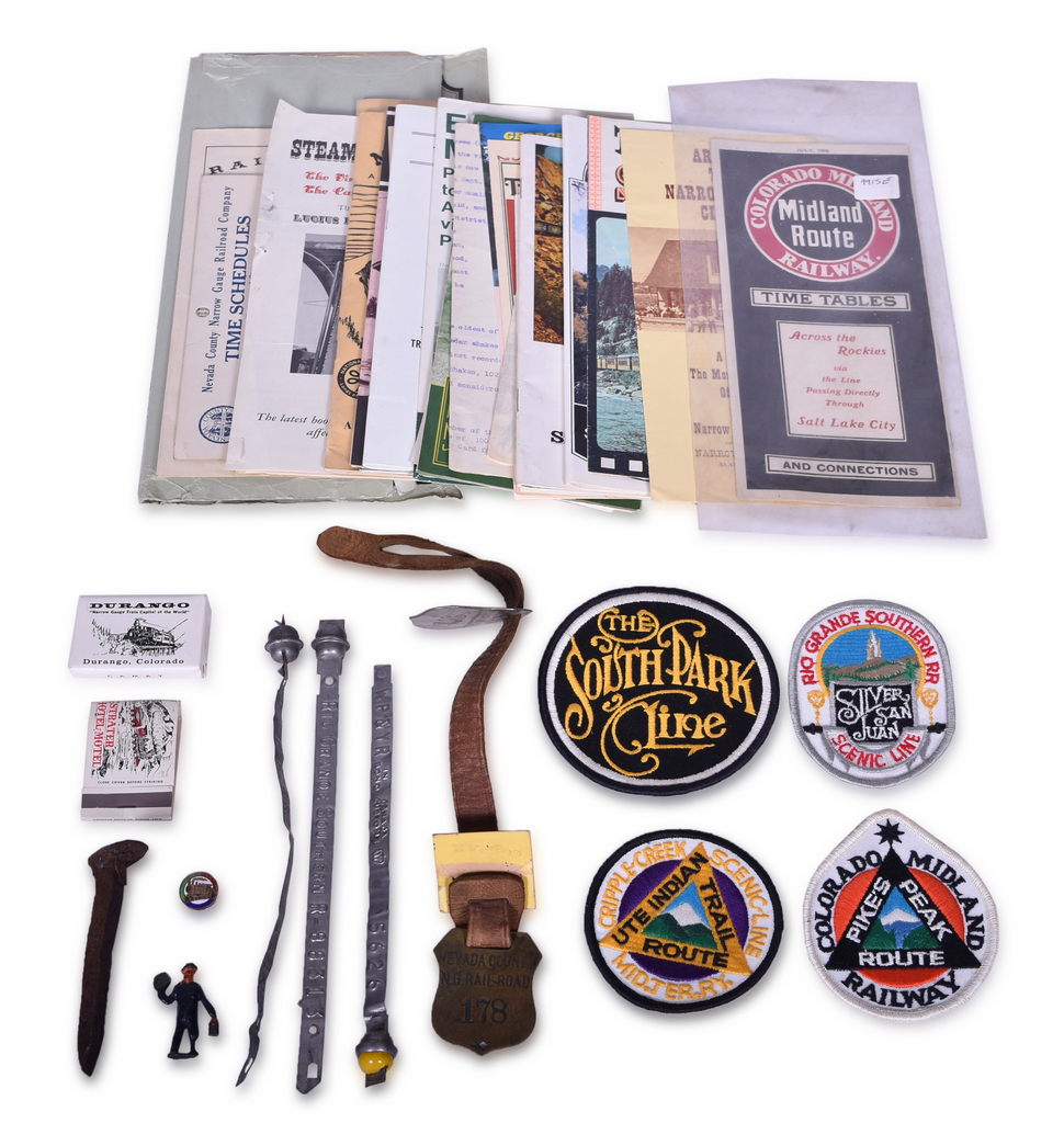 8020 - Mixed Group of Narrow Gauge and Western Railroad Paper and Ephemera - Luggage Tags, Car Seals, Travel Brochures, Patches, Public Timetables, and More thumbnail