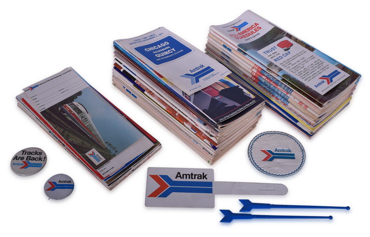 8023 - 100+ Pieces of Amtrak Railroad Paper and Ephemera - Public Timetables, Swizzle Sticks, Travel Brochures, Maps, and More thumbnail