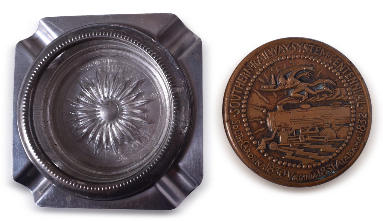 8024 - Southern Railway Metal Ash Tray, Centennial Bronze Medal, and Leonard Italy Silver Plated Collar Glass Coaster Ashtray thumbnail