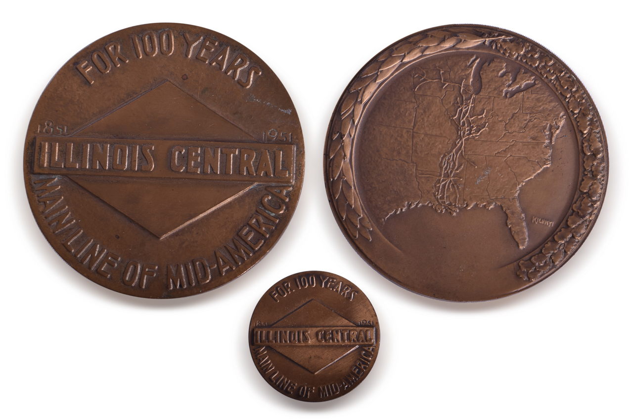 8028 - Three Illinois Central Railroad Bronze Centennial Medallions and Coin thumbnail
