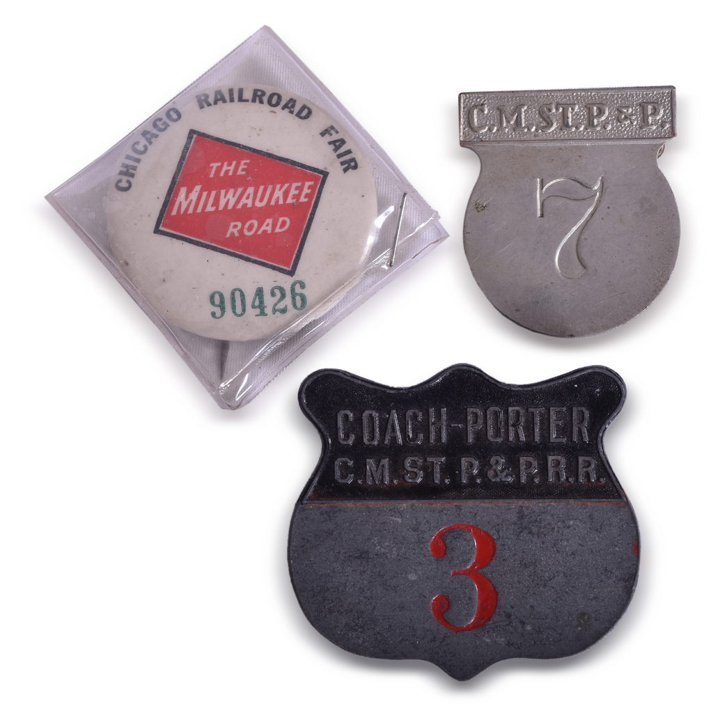 8030 - Milwaukee Road Railroad Coach-Porter Badge, Employee Badge, and Employee Button for Chicago Railroad Fair thumbnail