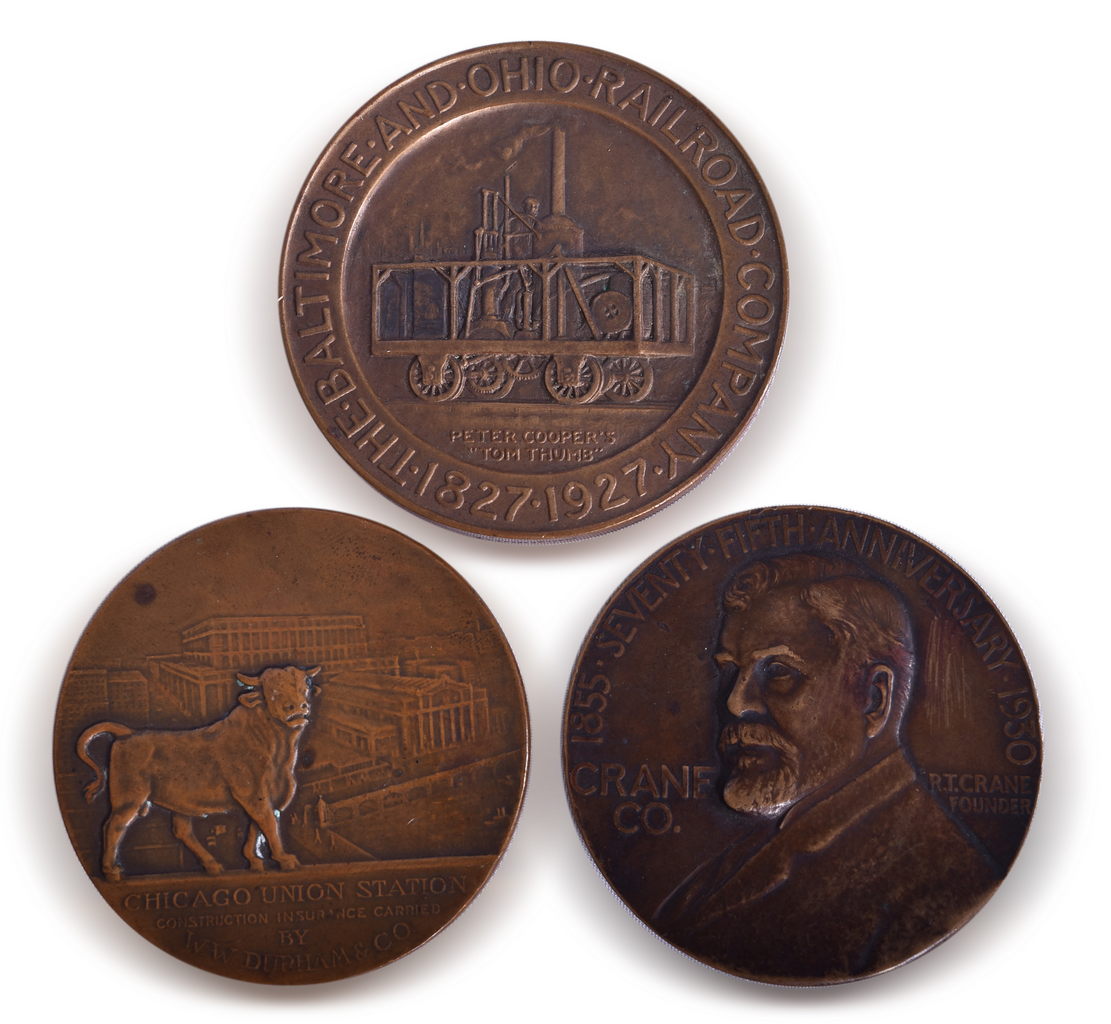 8032 - Three Bronze Anniversary Railroad Medallions - Baltimore and Ohio Centennial, Crane Co. 75th Anniversary, Chicago Union Station Construction thumbnail