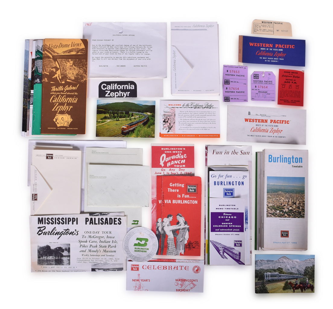 8033 - 50+ Assorted Western Pacific California Zephyr and Burlington Route Papers - Timetables, Postcards, Travel Brochures, Route Maps, and More thumbnail