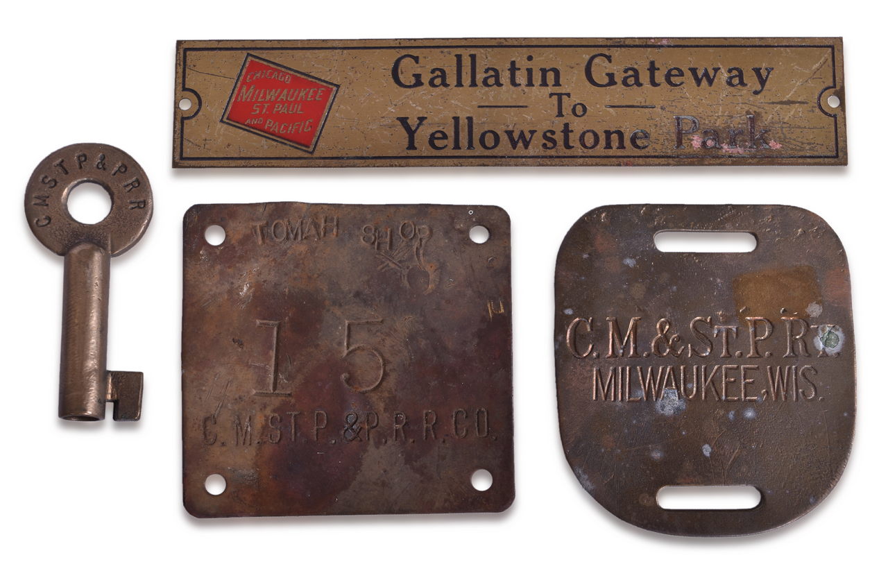 8034 - Milwaukee Road Railroad Gallatin Gateway Brass Plate, Switch Key, Tomah Shop Plate, and Luggage Tag thumbnail