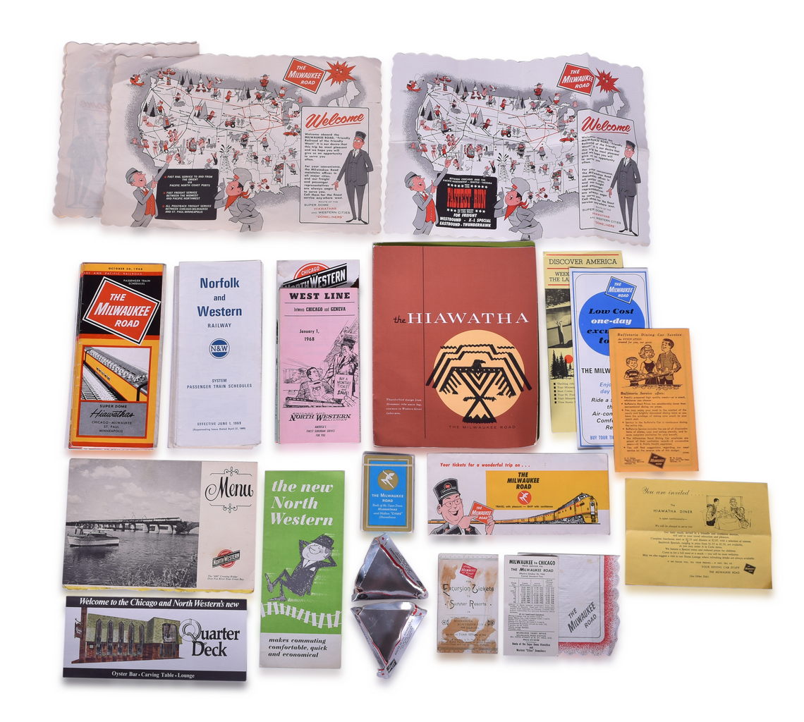 8035 - Group of Railroad Paper for Milwaukee Road, Chicago and North Western, and Norfolk & Western - Playing Cards, Menus, Brochures, and More thumbnail