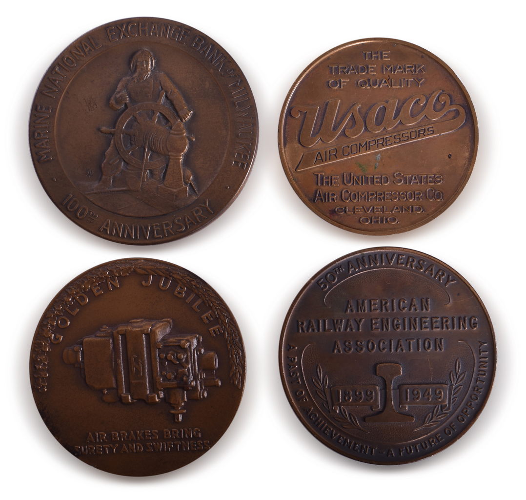 8038 - Four Assorted Bronze Railroad Medallions - New York Air Brake Company, American Railway Engineering Association, Marine National Exchange Bank of Milwaukee, and Usaco Air Compressors thumbnail