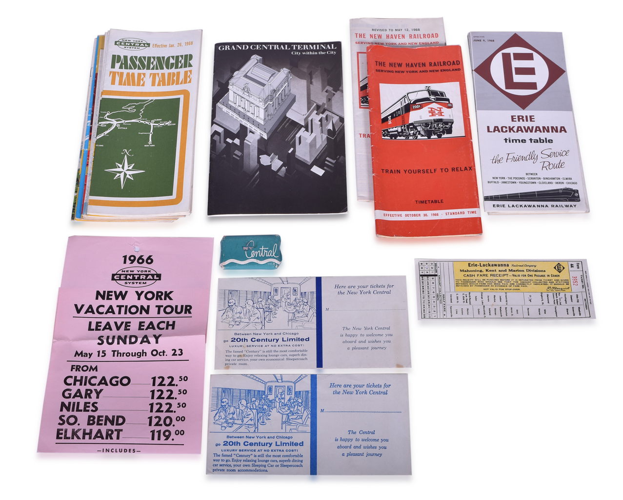8039 - Twenty-One Pieces of Northeastern Railroad Ephemera - New York Central, Erie Lackawanna, and New Haven - Timetables, Swizzle Stick, Brochure, and More thumbnail