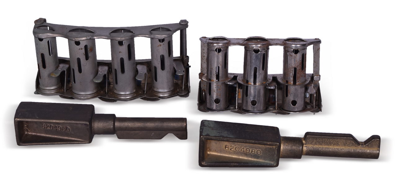 8046 - Two Brass Railroad Locomotive Reverser Keys and Two Coin Changer Belt Clips thumbnail