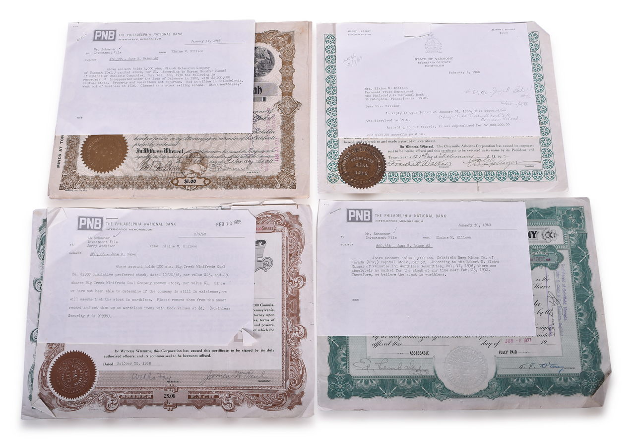 8047 - Ten Early 1900s Mine Company Stock Certificates - Mizpah Extension Company of Tonopah, Goldfield Deep Mines, Big Creek Winifrede Coal, and Chrysotile Asbestos Co. thumbnail
