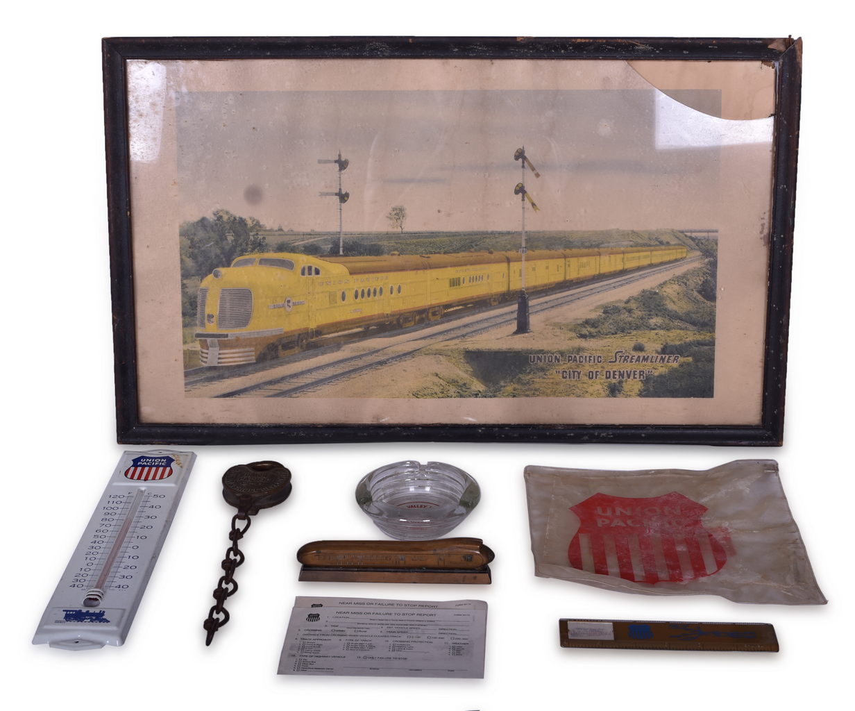 8054 - Eight Union Pacific Railroad Items - Glass Ashtray, M-10000 Paperweight, Framed Print, Adlake Brass Lock, Wall Thermometer, and More thumbnail
