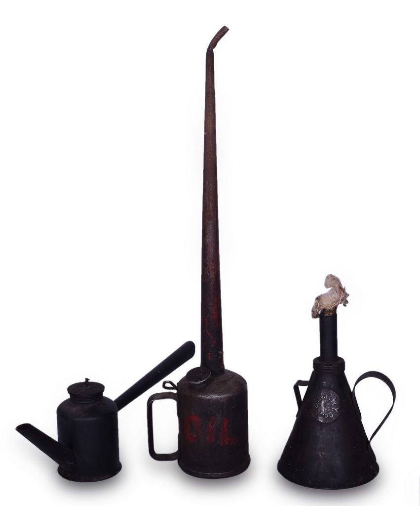 8056 - Three Pieces of Railroad Tin Ware - Norfolk & Western Hand Torch, Eagle Hand Torch, and Tall Oil Can thumbnail