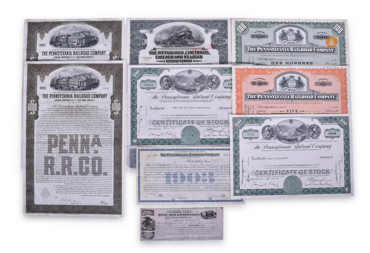 8065 - Eight Railroad Stock Certificates, Dividend Scrip, and Bond Receipt - Pennsylvania Railroad, Ohio & Pennsylvania, and Pittsburg, Cincinnati, Chicago and St. Louis thumbnail